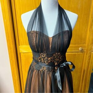 Black and Copper Tulle Lace Overlay Halter Midi Party Dress Size 5/6